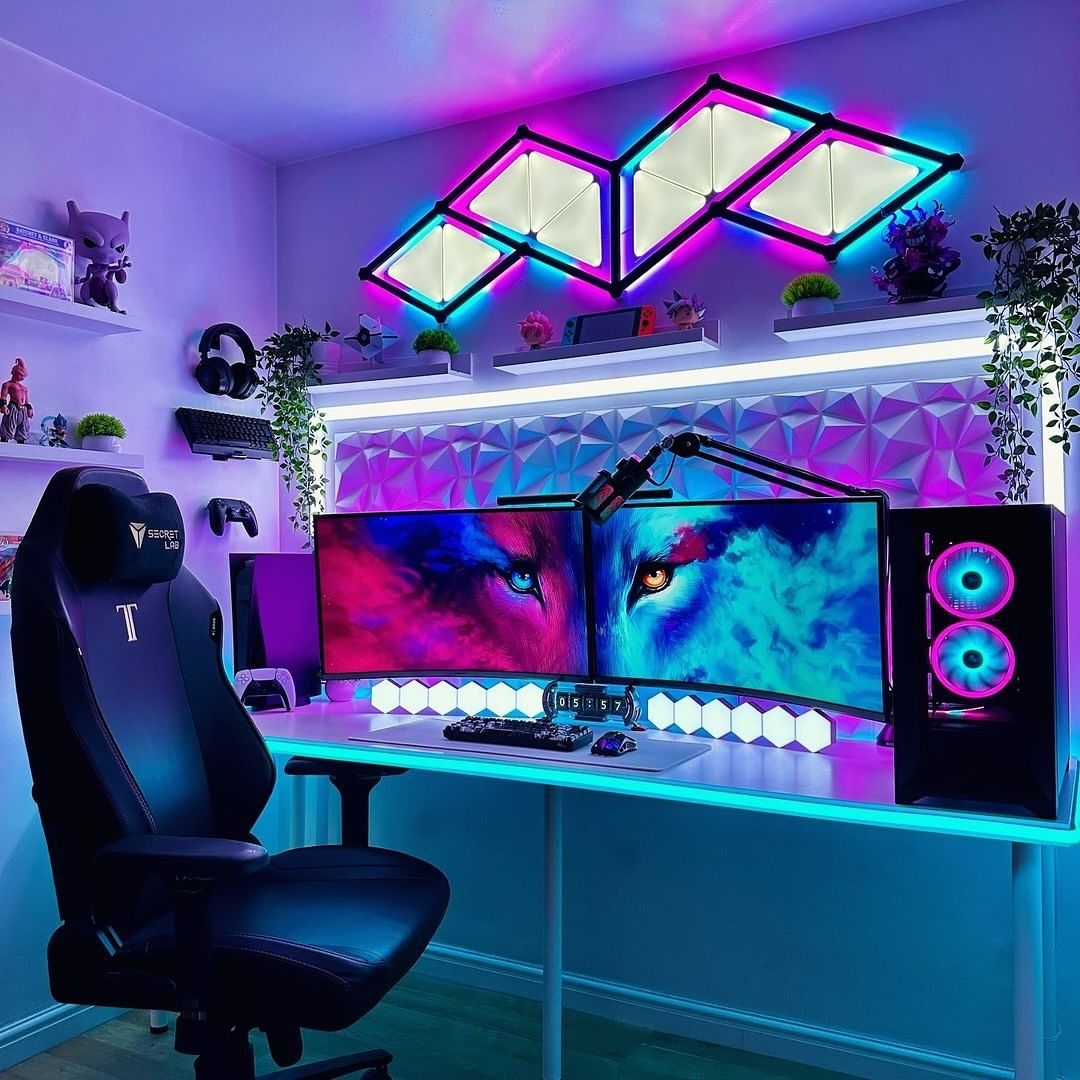 A clean, state-of-the-art gaming setup with immersive ambient lighting and hardware